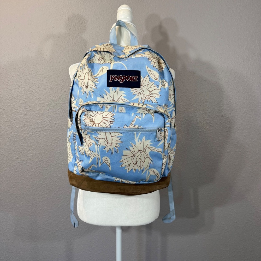 JanSport Blue Sunflower Floral Suede Bottom Right Pack Backpack